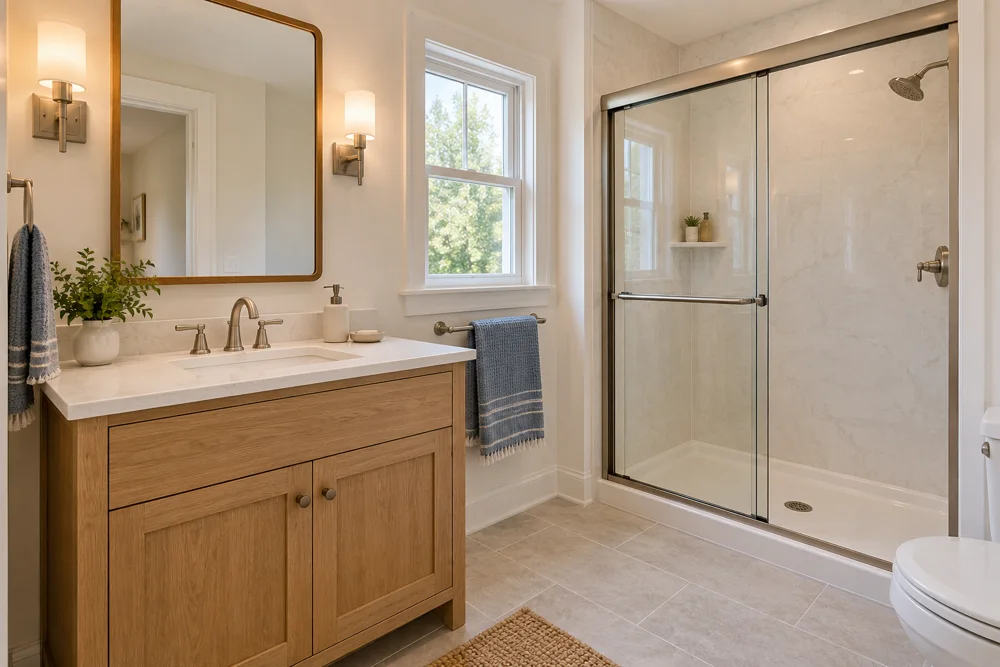 Illustrative bathroom with a wood vanity and glass-enclosed shower