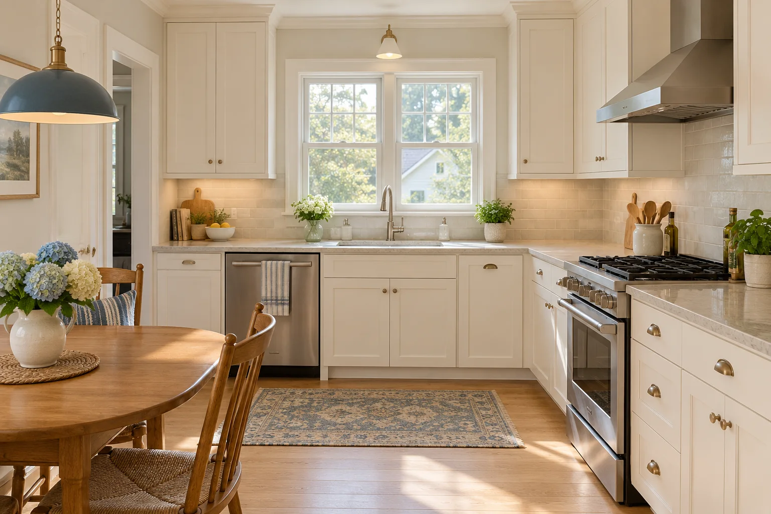 Illustrative kitchen with cream cabinets, wood flooring and a small dining table
